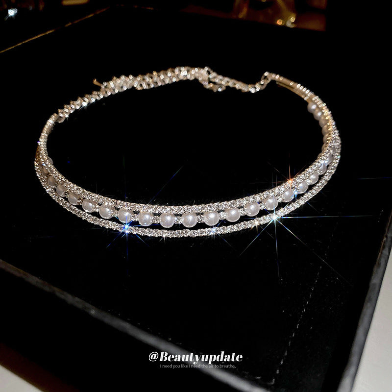 French multi-layered diamond-encrusted man-made pearl necklace, gorgeous, light luxury, choker, fashionable, high-end jewelry women