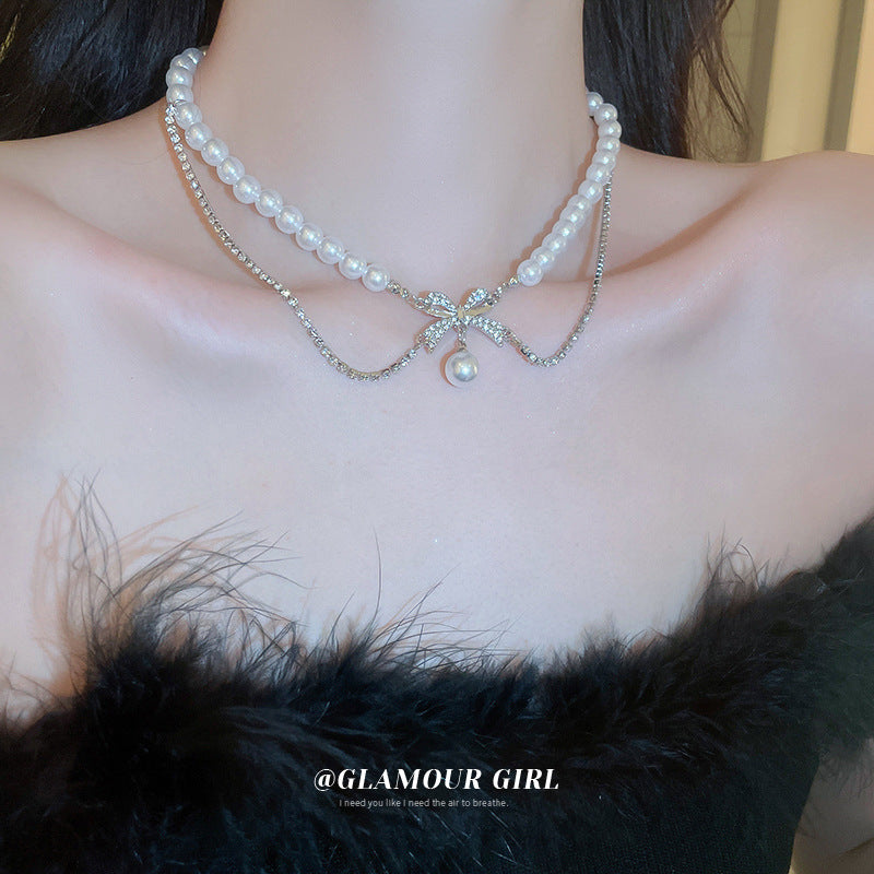 High-end diamond-encrusted bow pearl tassel necklace fashion light luxury clavicle chain personality temperament Korean necklace women