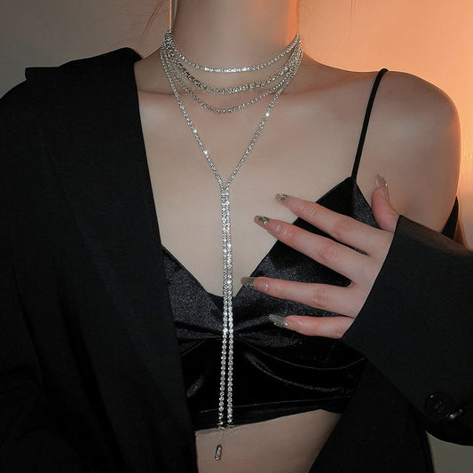 Diamond-encrusted chain, multi-layer tassel necklace, European and American hot girls, sweet cool style, clavicle chain, temperament, light luxury, design, necklace women