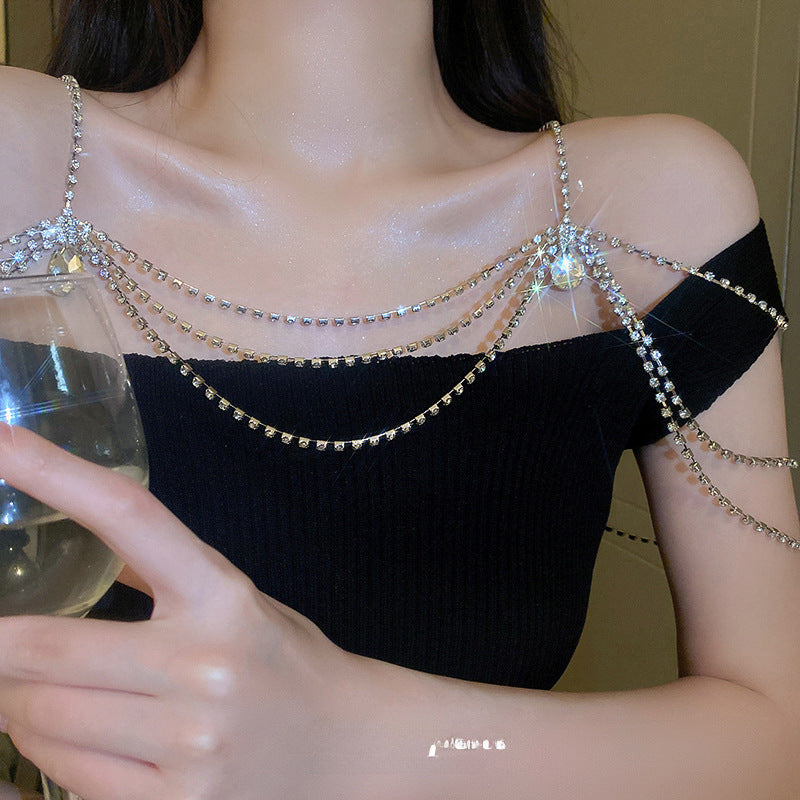 Diamond-encrusted water droplets, multi-layered geometric shoulder chains, hot girls, sweet cool fashion, body chains, niche personality, high-end necklaces, women