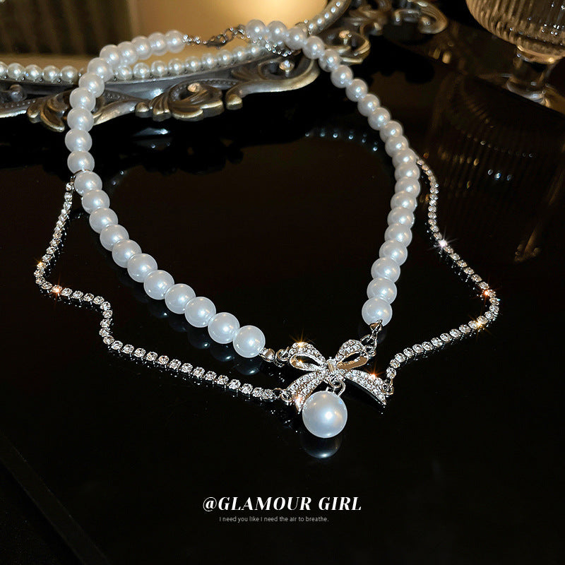 High-end diamond-encrusted bow pearl tassel necklace fashion light luxury clavicle chain personality temperament Korean necklace women