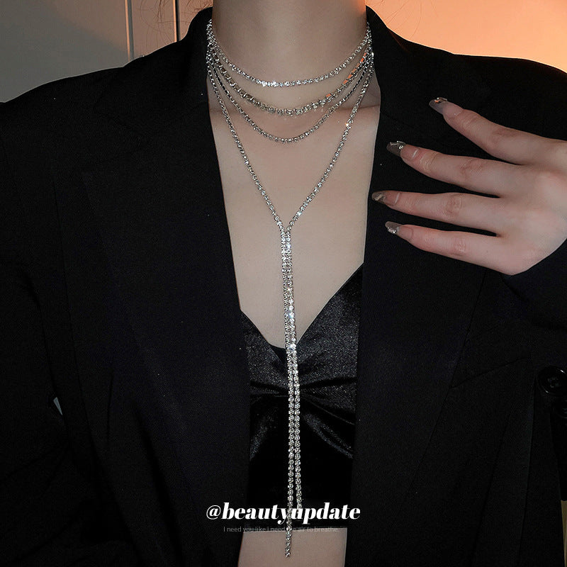 Diamond-encrusted chain, multi-layer tassel necklace, European and American hot girls, sweet cool style, clavicle chain, temperament, light luxury, design, necklace women