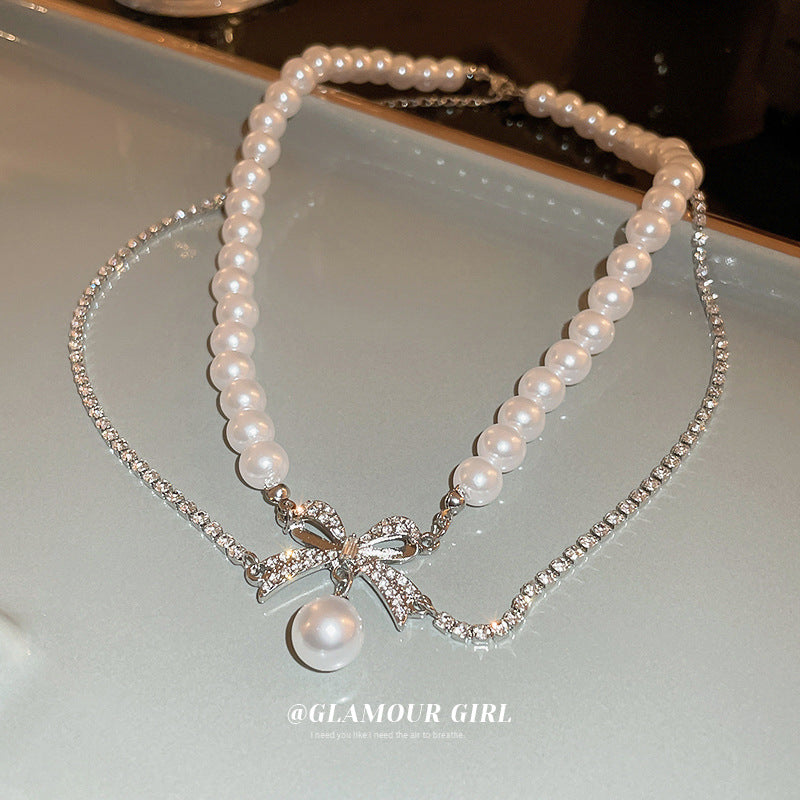 High-end diamond-encrusted bow pearl tassel necklace fashion light luxury clavicle chain personality temperament Korean necklace women