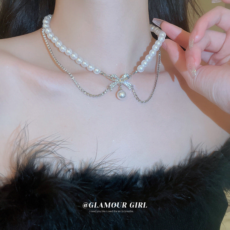 High-end diamond-encrusted bow pearl tassel necklace fashion light luxury clavicle chain personality temperament Korean necklace women