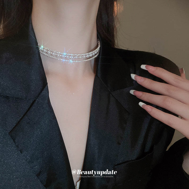 French multi-layered diamond-encrusted man-made pearl necklace, gorgeous, light luxury, choker, fashionable, high-end jewelry women