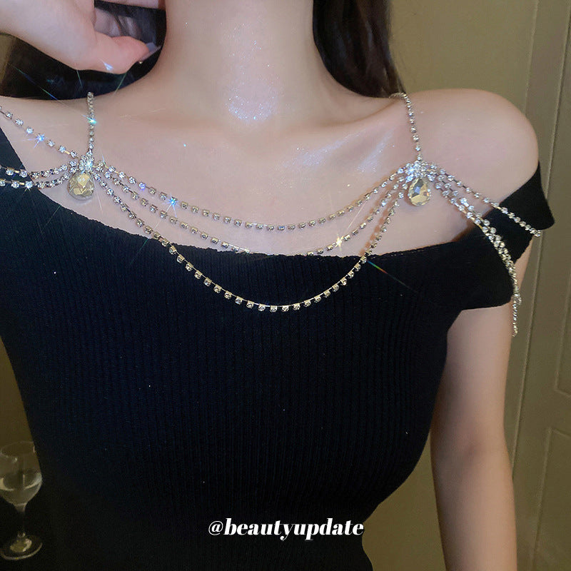 Diamond-encrusted water droplets, multi-layered geometric shoulder chains, hot girls, sweet cool fashion, body chains, niche personality, high-end necklaces, women